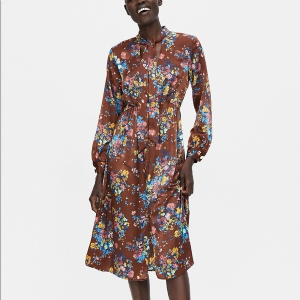 Zara - Colorful Floral Neck Tie Long Sleeve Deep V Neck Midi Dress Size Large